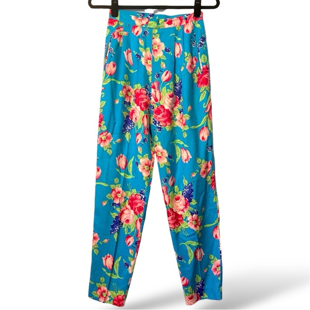 Vintage Adrienne Vittadini 100% Silk Floral Pants Size 6 Turquoise Blue Pleated